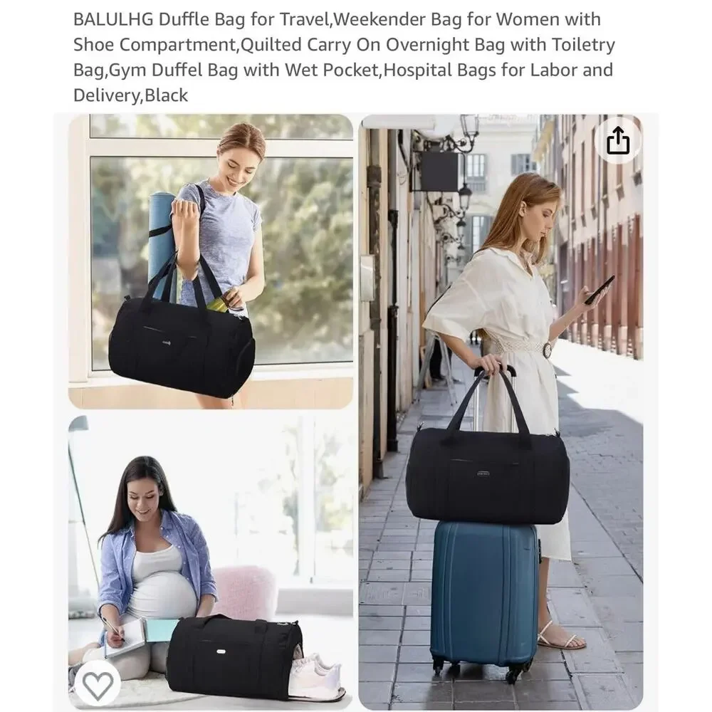 BALULHG Black Duffle Bag for Travel,Weekender For Women with Shoe Compartment